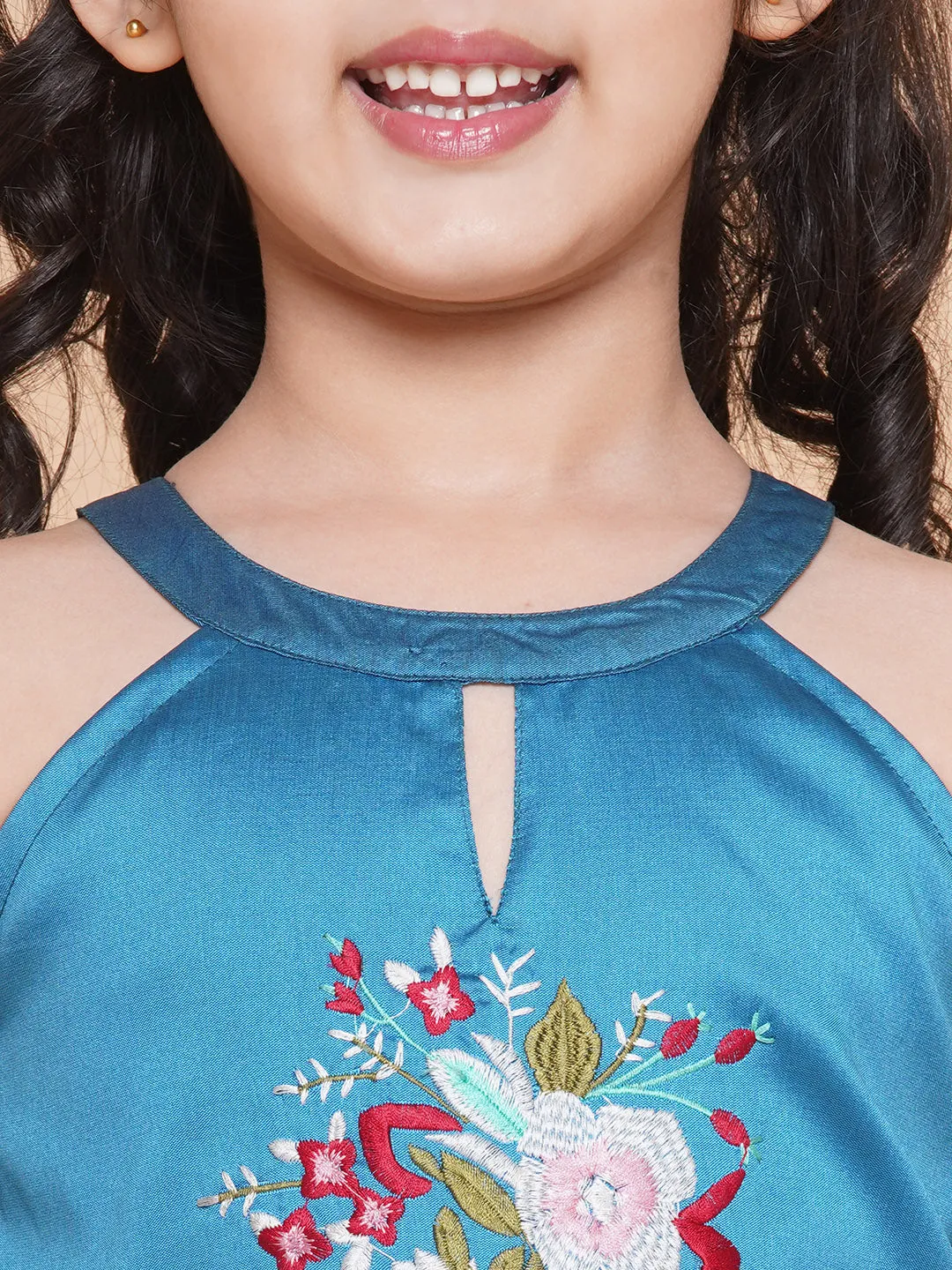 Jashvi Girls Blue Embroiderd Flower Fit & Flared Maxi Dress.