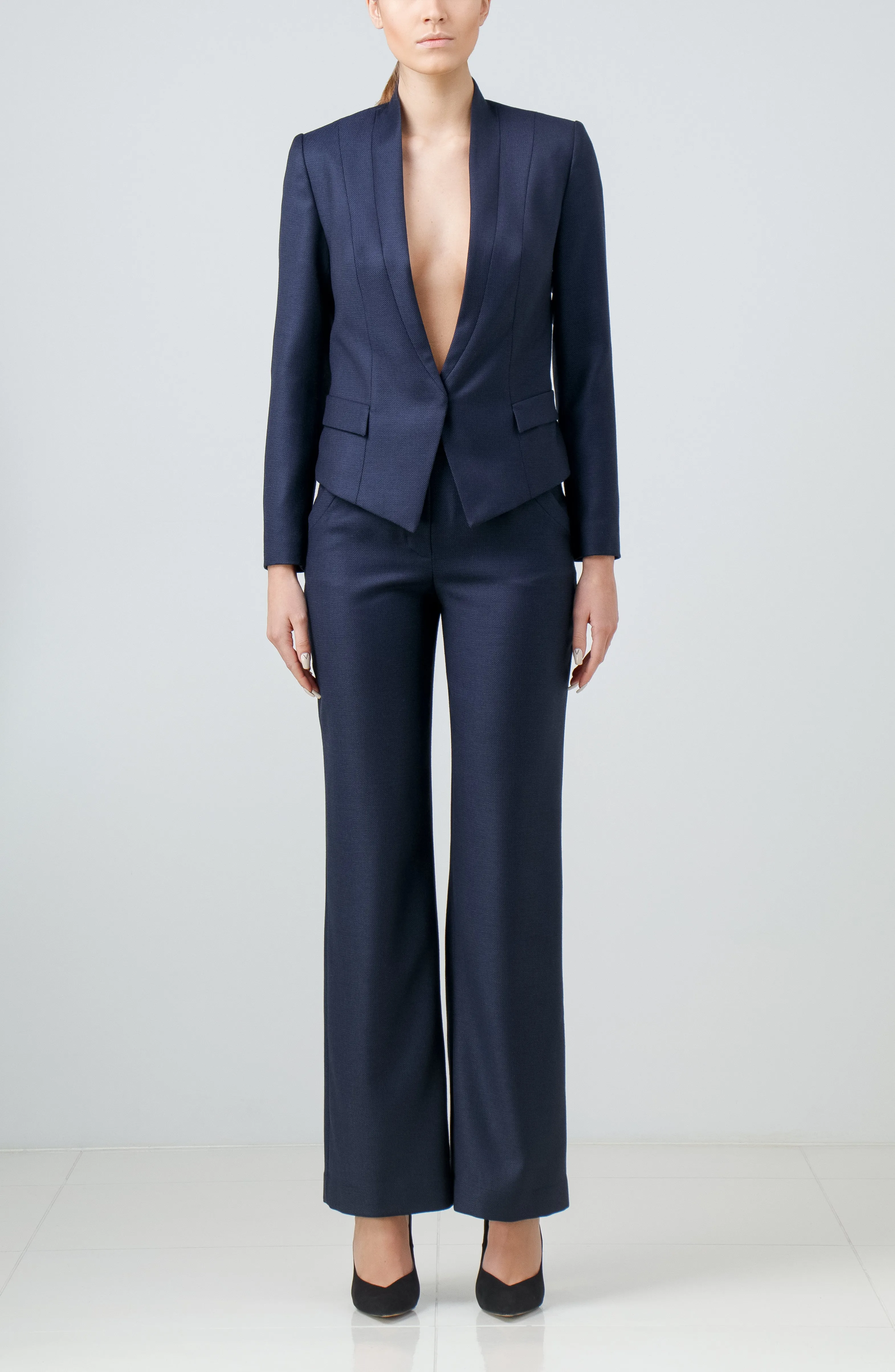 Single-snap navy blue wool jacket